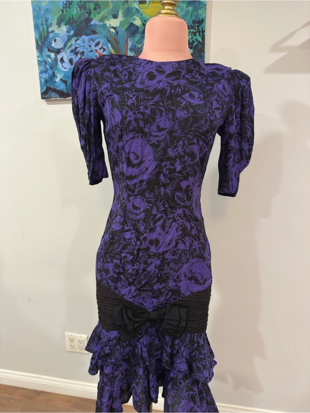 Purple Floral Midi Dress with Ruffle Hem and Bow Detail #vintage #1980s